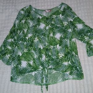 SJS Green Tropical Leaf Women's Blouse Sz L EEUC